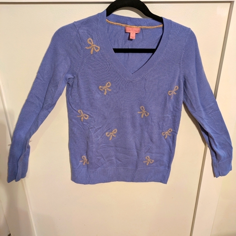 Lilly Pulitzer Blue and Gold wool Blend V-Neck Sweater with Embellishments S